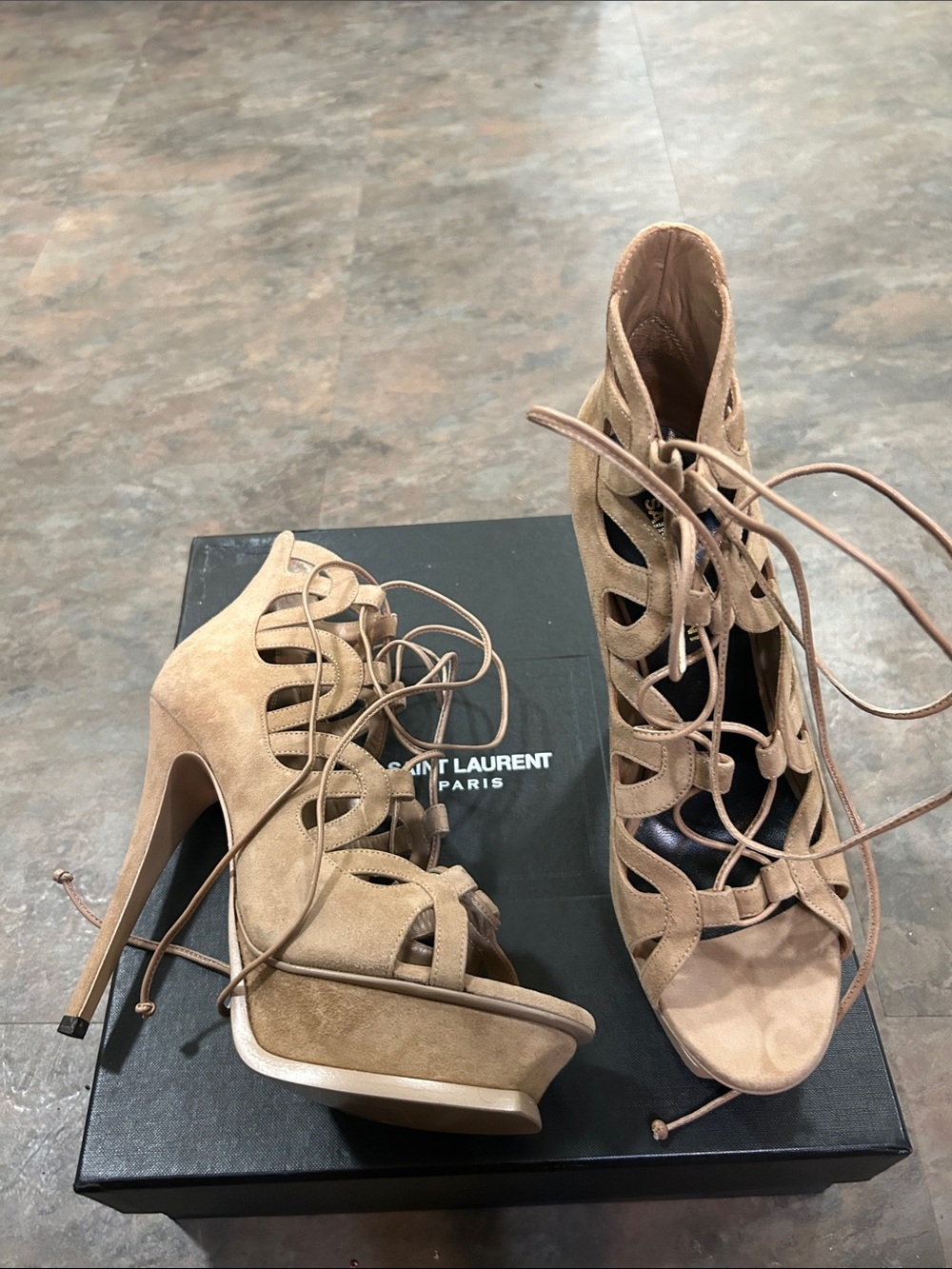Saint Laurent Tan Suede Lace-Up Cutout High Heeled Sandals BRAND NEW IN BOX